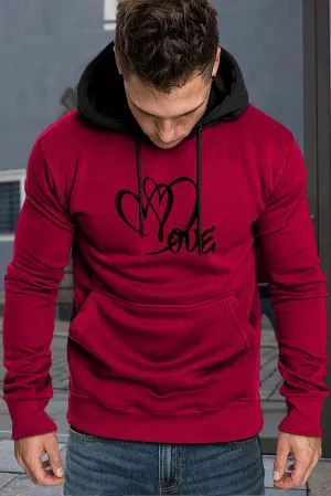 Fiery Red Letter Heart Print Color Block Pocketed Men's Hoodie
