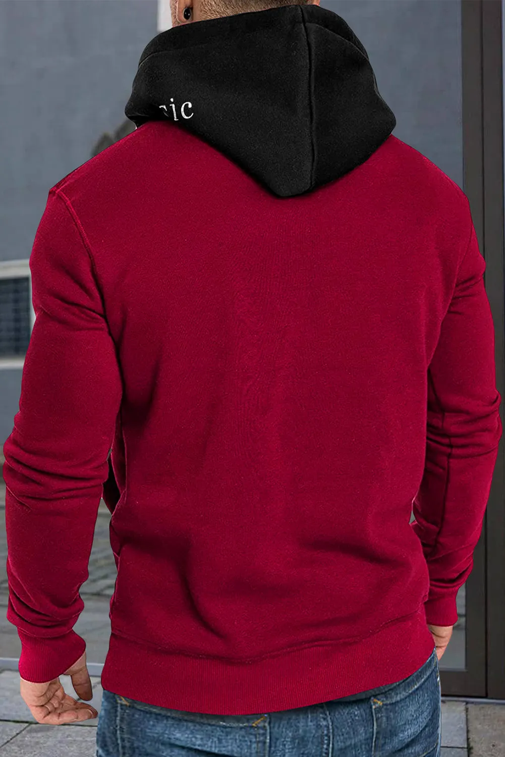 Fiery Red Letter Print Color Block Kangaroo Pocket Slim-fit Men's Hoodie