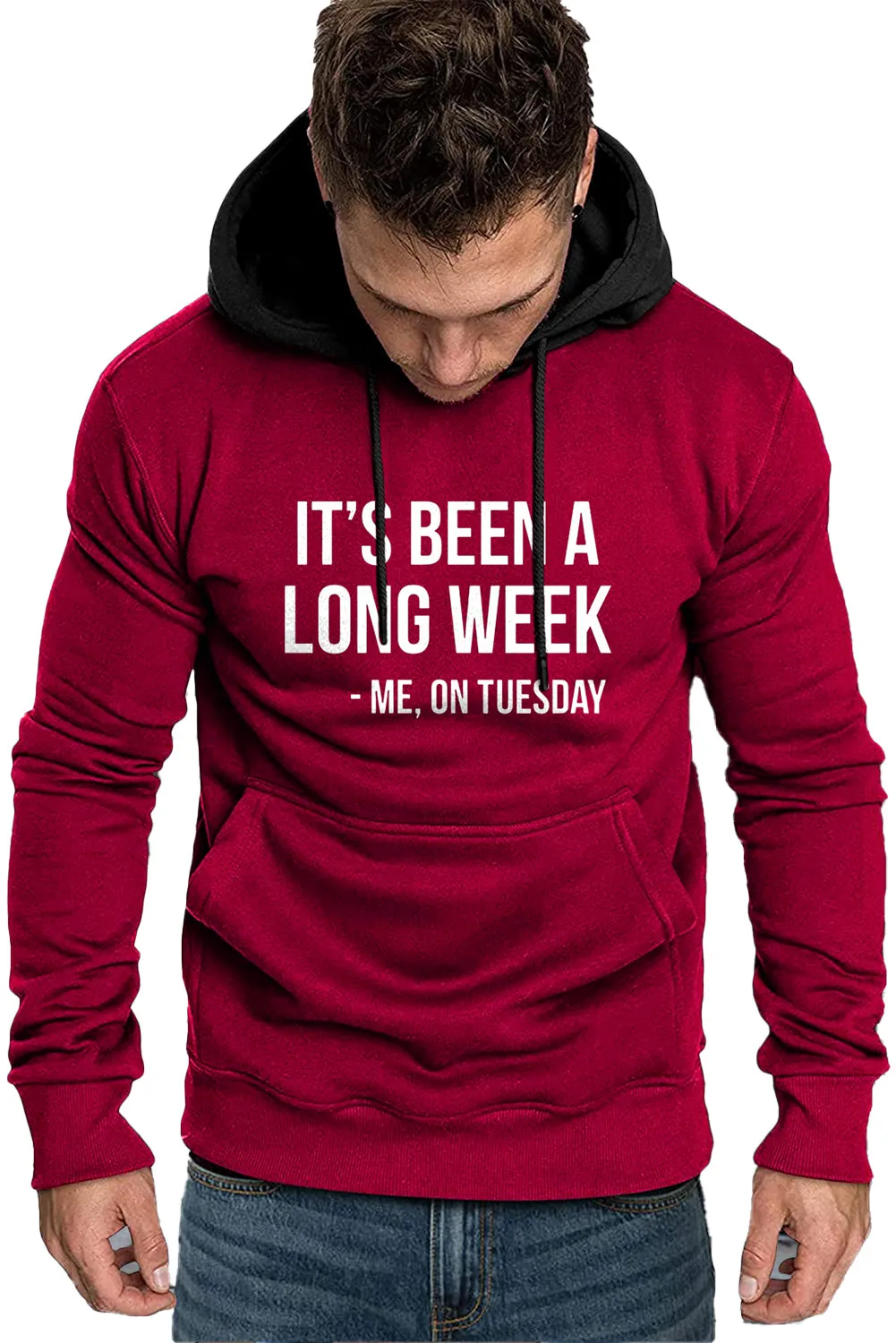 Fiery Red Letter Print Color Block Kangaroo Pocket Slim-fit Men's Hoodie