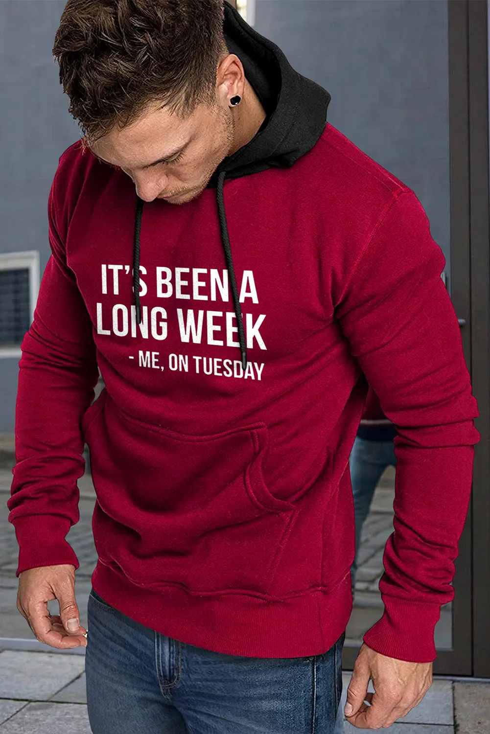 Fiery Red Letter Print Color Block Kangaroo Pocket Slim-fit Men's Hoodie