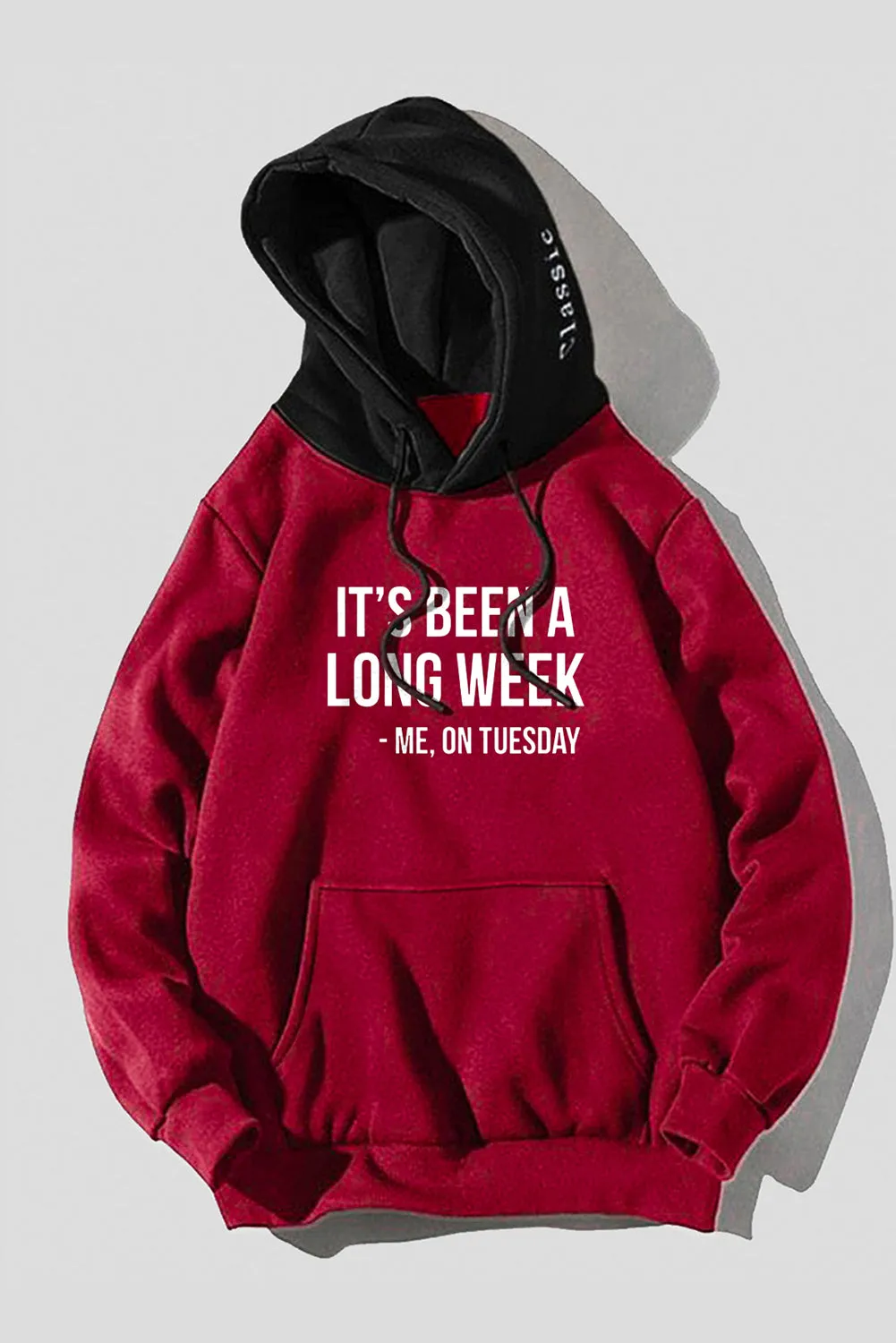 Fiery Red Letter Print Color Block Kangaroo Pocket Slim-fit Men's Hoodie