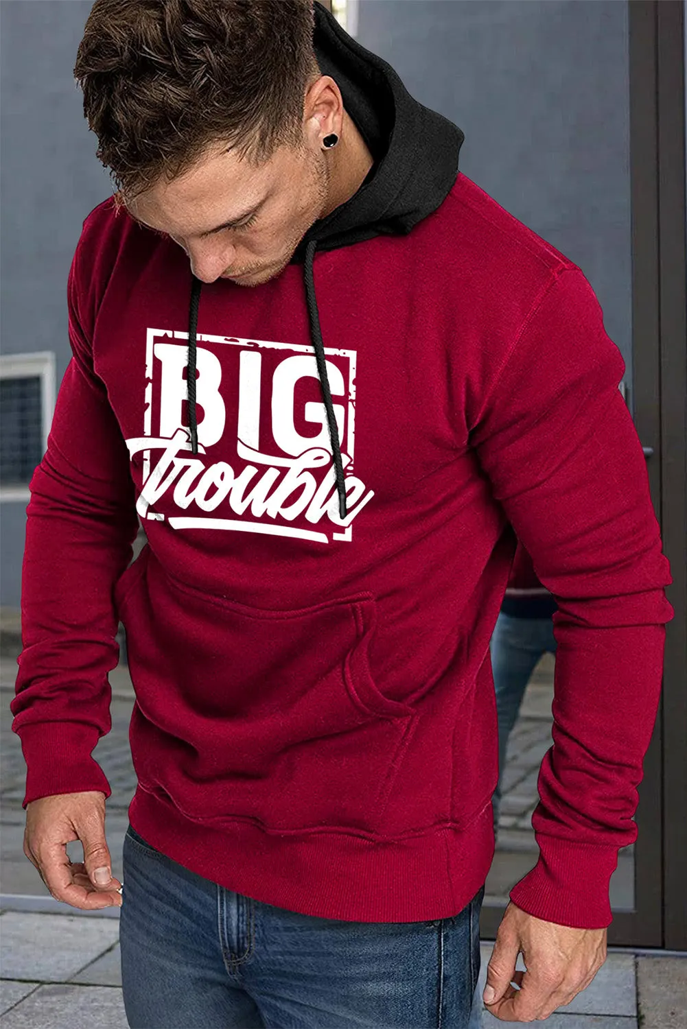 Fiery Red Men's Letter Print Pocketed Color Block Long Sleeve Hoodie