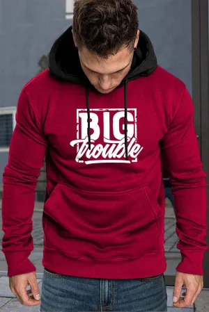 Fiery Red Men's Letter Print Pocketed Color Block Long Sleeve Hoodie