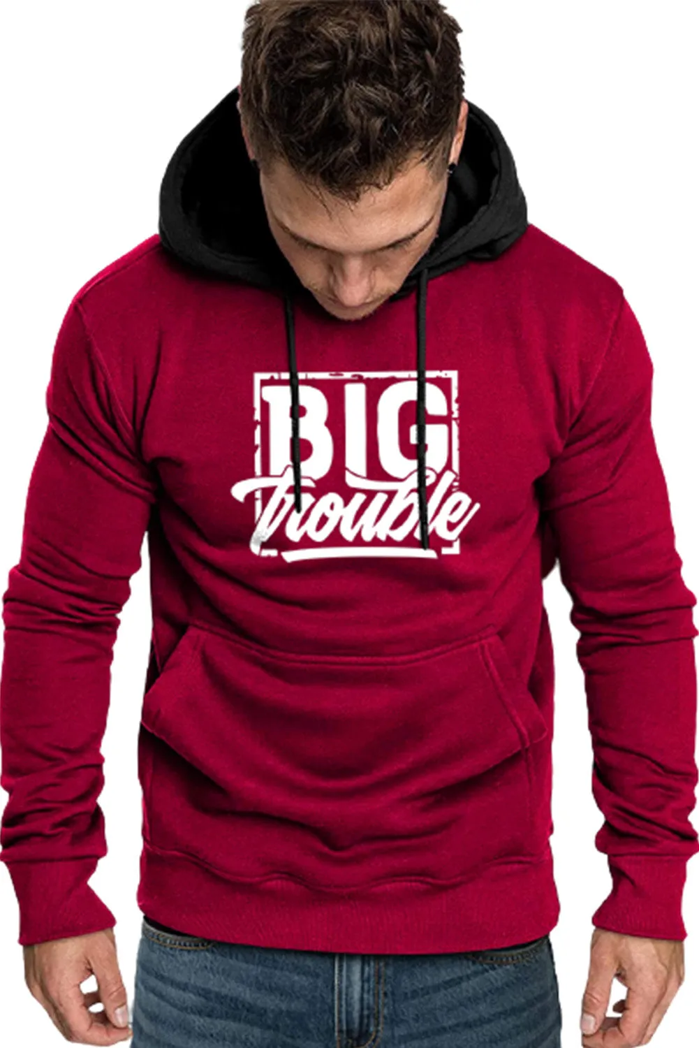 Fiery Red Men's Letter Print Pocketed Color Block Long Sleeve Hoodie