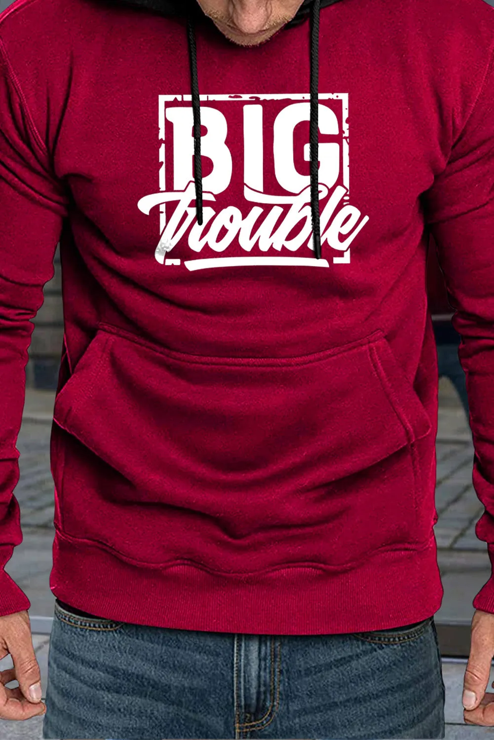 Fiery Red Men's Letter Print Pocketed Color Block Long Sleeve Hoodie