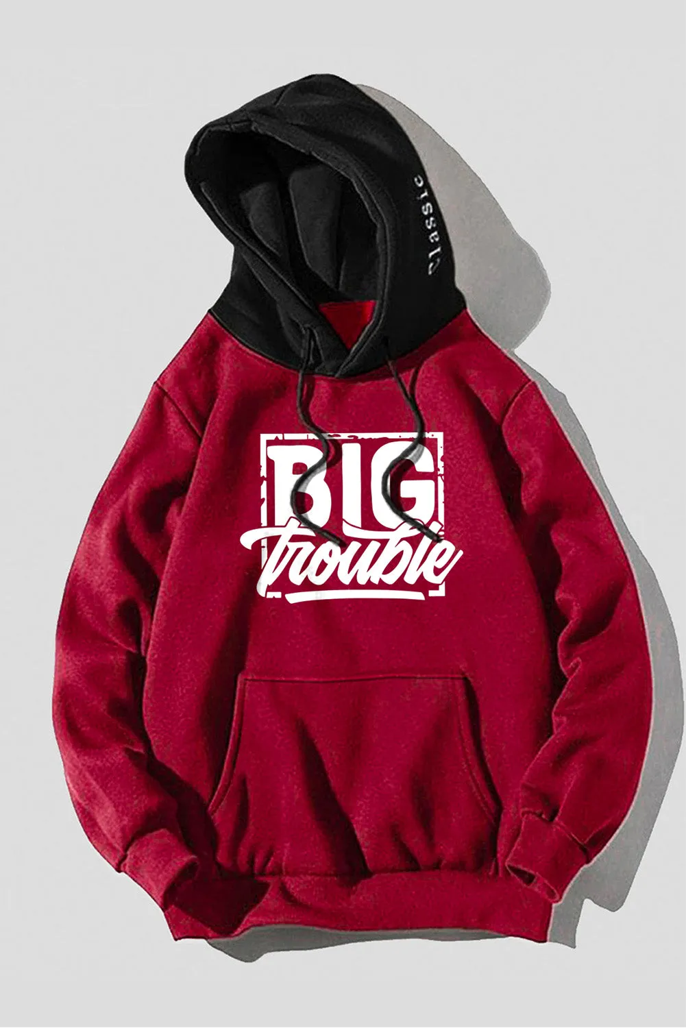 Fiery Red Men's Letter Print Pocketed Color Block Long Sleeve Hoodie