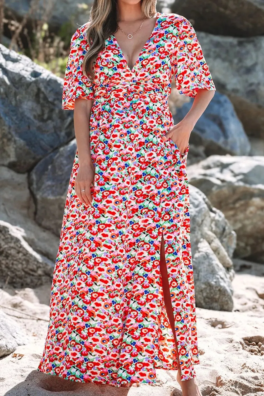 Floral Half Sleeve Deep V Neck Cutout Back Maxi Dress