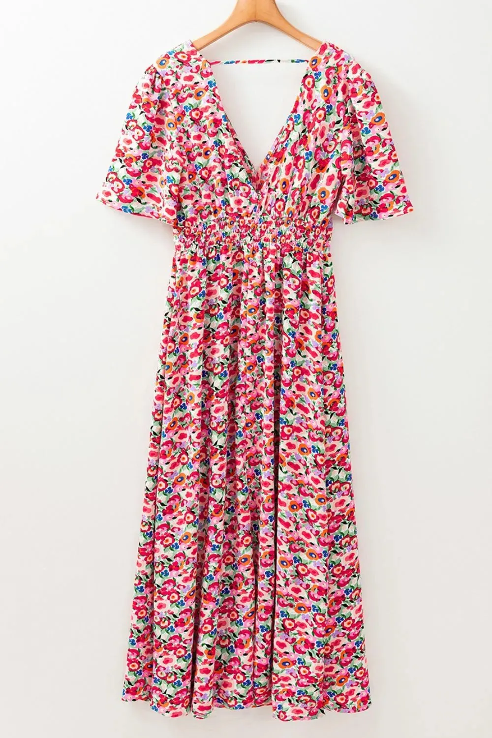 Floral Half Sleeve Deep V Neck Cutout Back Maxi Dress