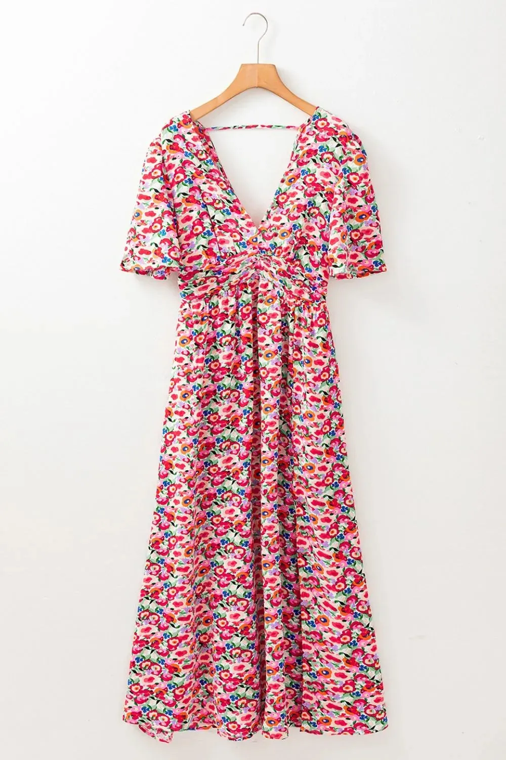 Floral Half Sleeve Deep V Neck Cutout Back Maxi Dress