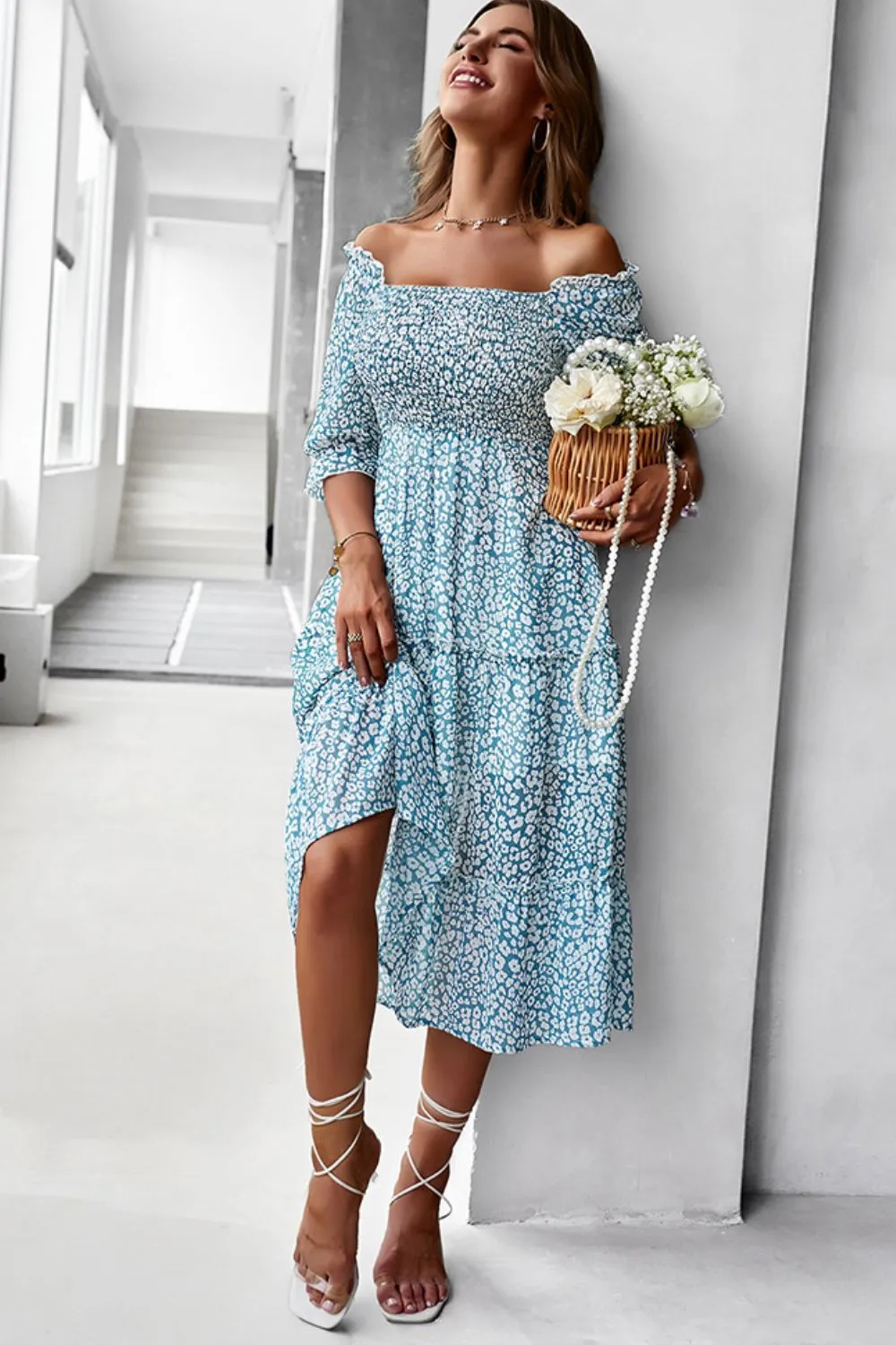 Floral Off-Shoulder Smocked Midi Dress