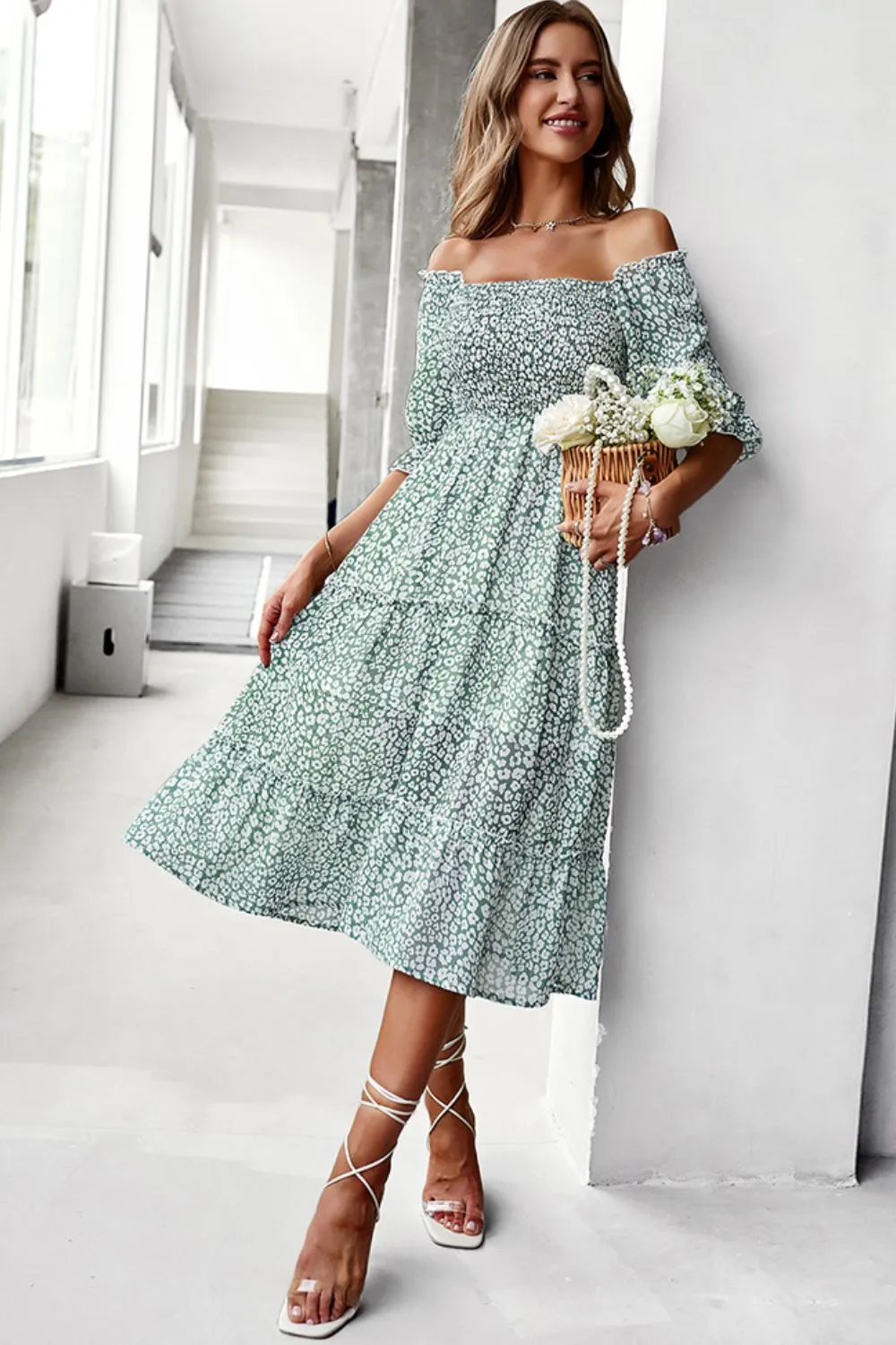 Floral Off-Shoulder Smocked Midi Dress