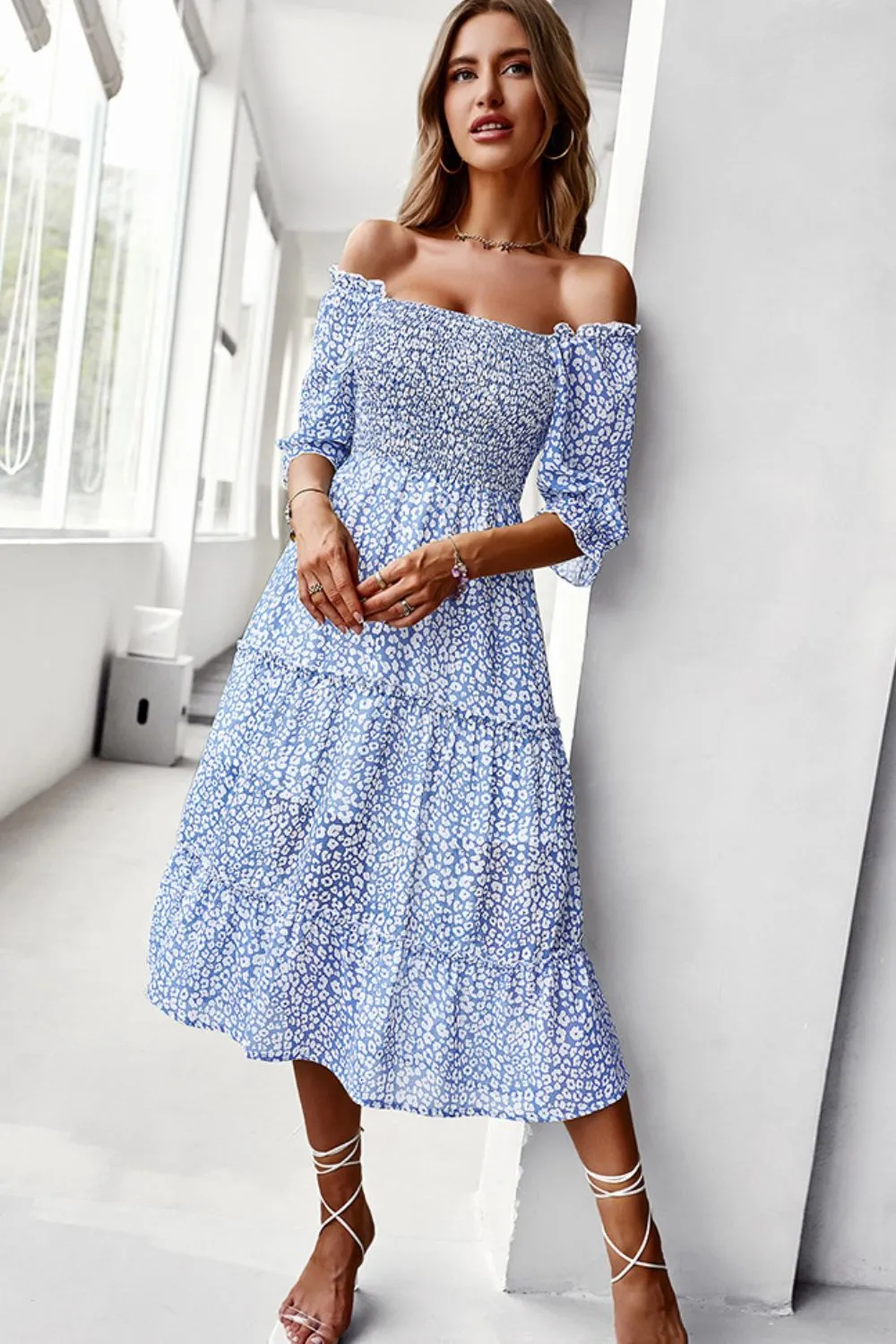 Floral Off-Shoulder Smocked Midi Dress