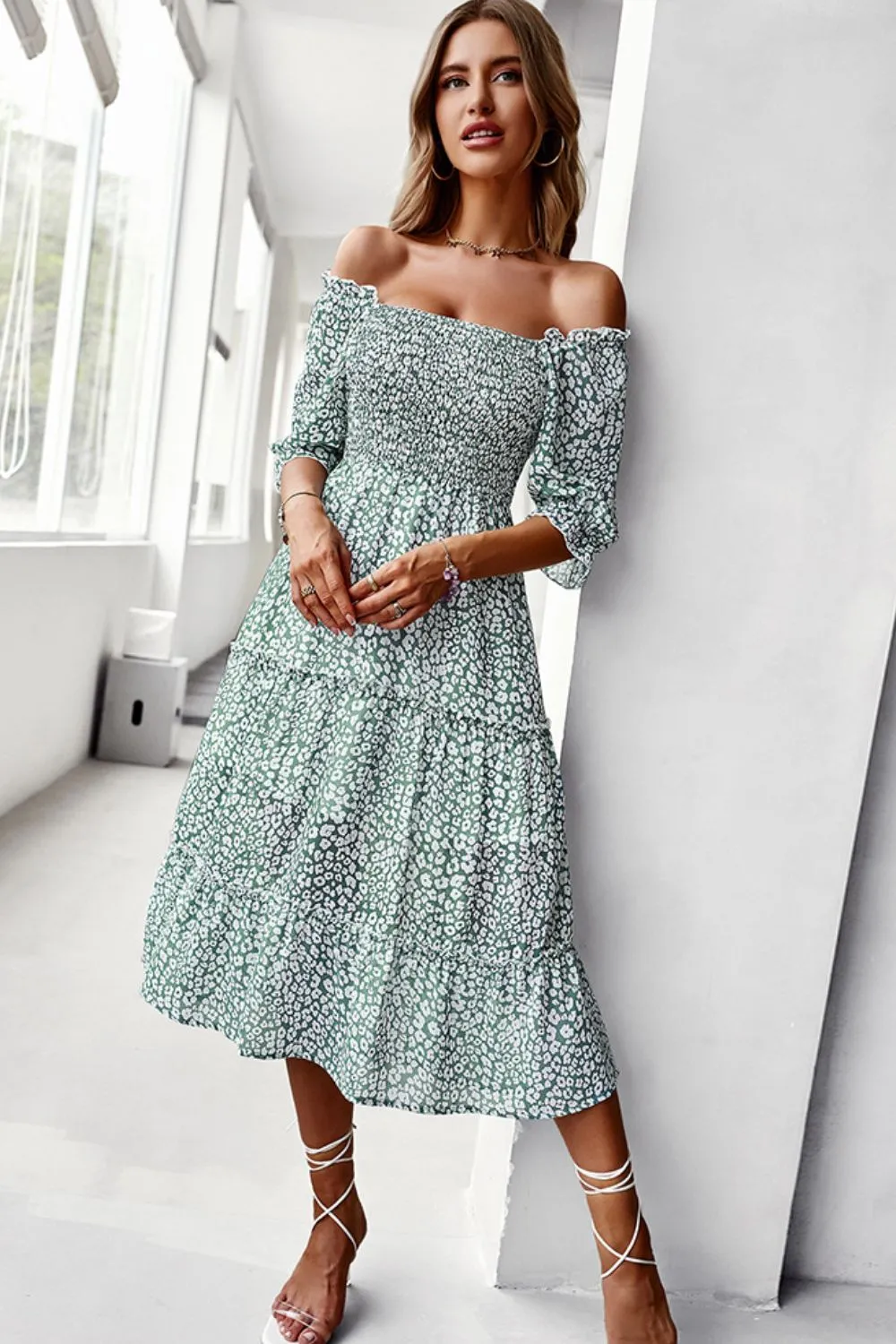 Floral Off-Shoulder Smocked Midi Dress
