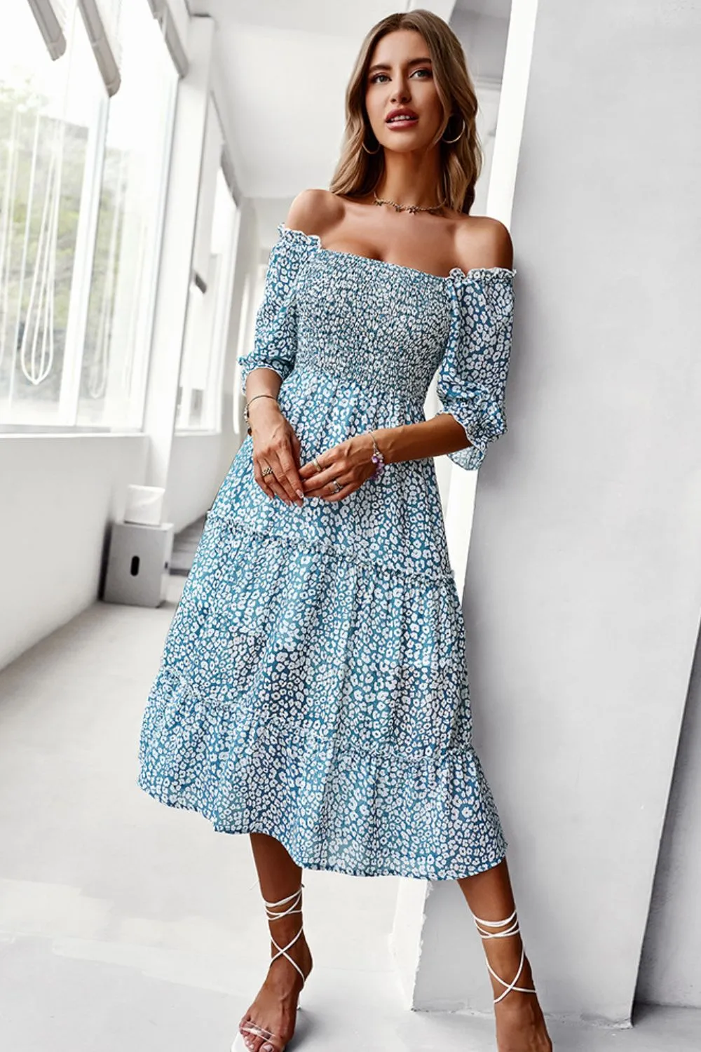 Floral Off-Shoulder Smocked Midi Dress