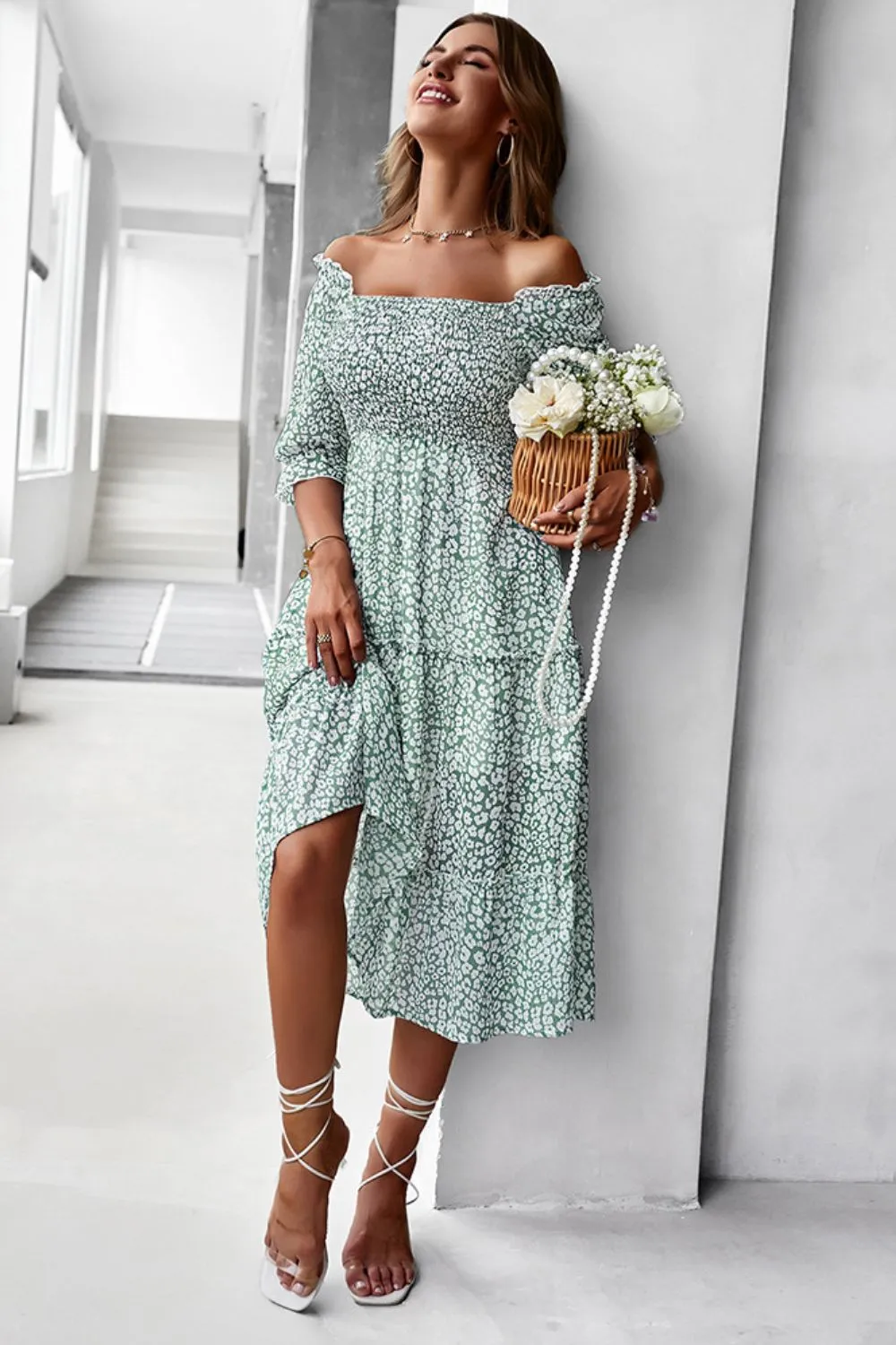 Floral Off-Shoulder Smocked Midi Dress