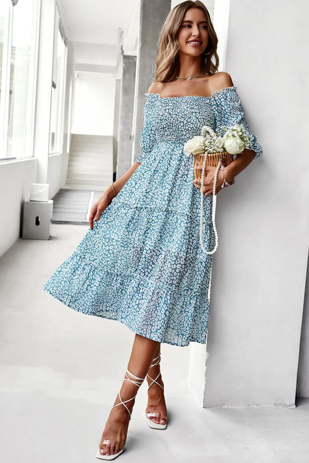 Floral Off-Shoulder Smocked Midi Dress