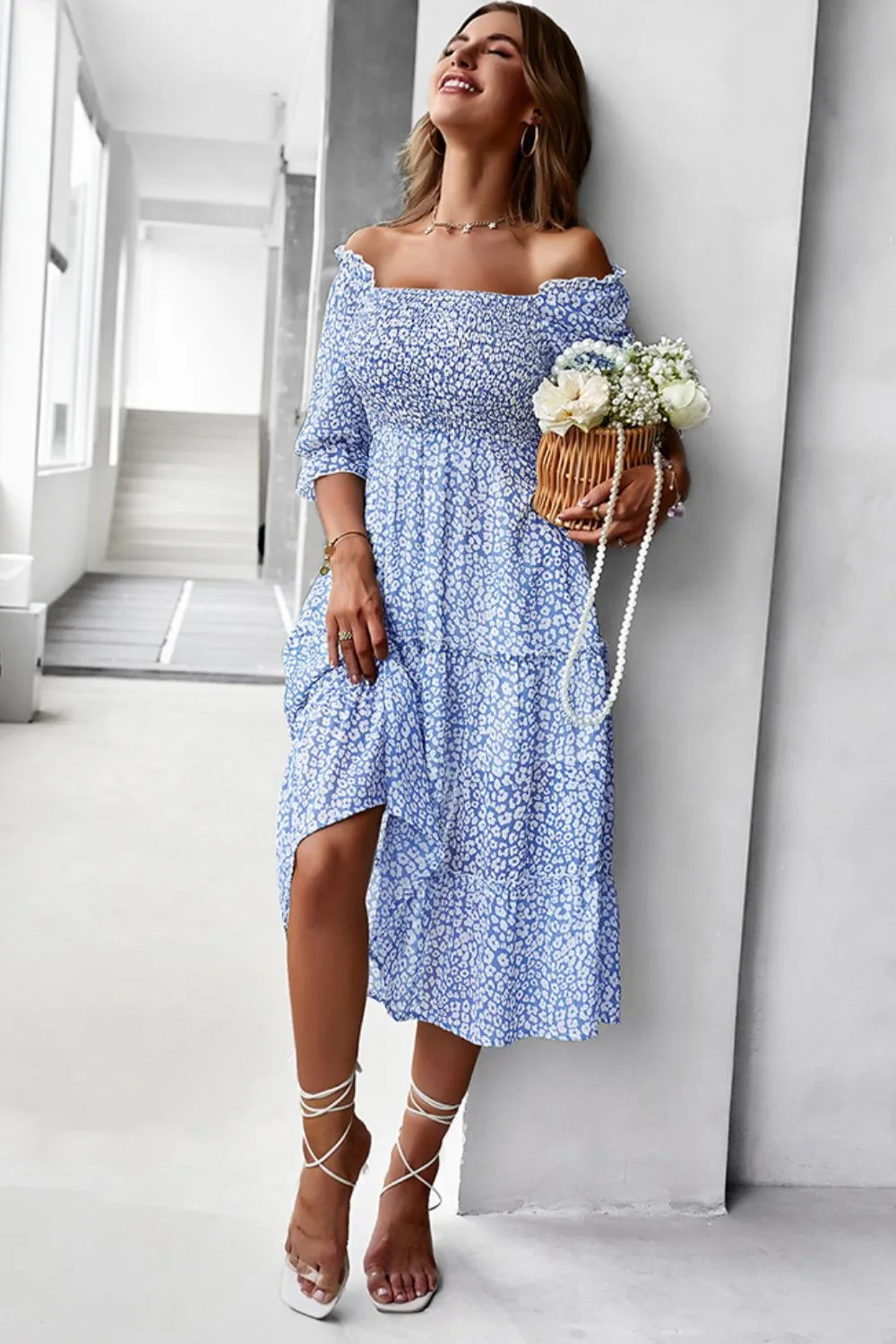 Floral Off-Shoulder Smocked Midi Dress