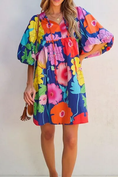 Floral Print Tie Neck Babydoll Dress