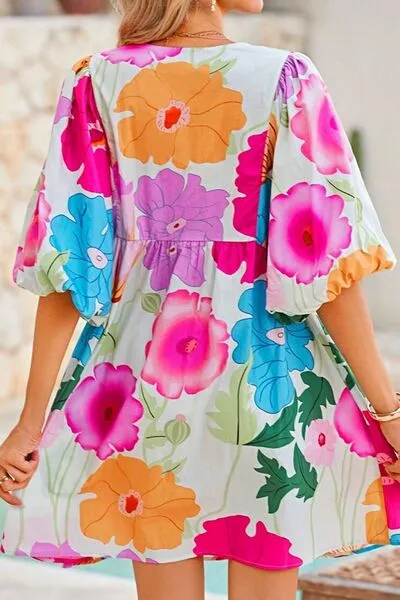Floral Print Tie Neck Babydoll Dress
