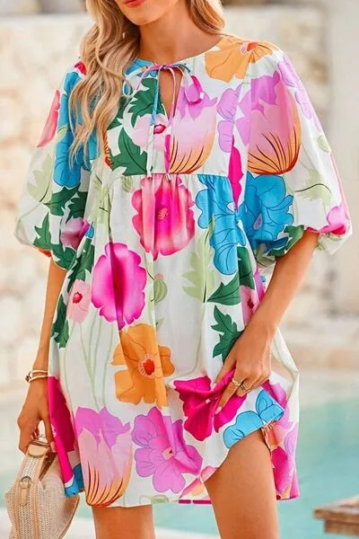 Floral Print Tie Neck Babydoll Dress