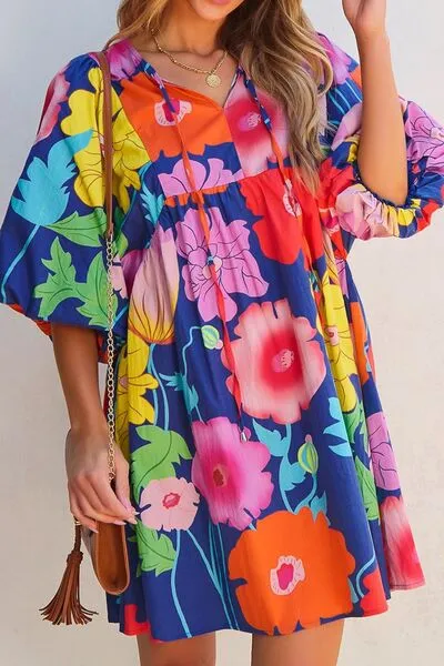 Floral Print Tie Neck Babydoll Dress