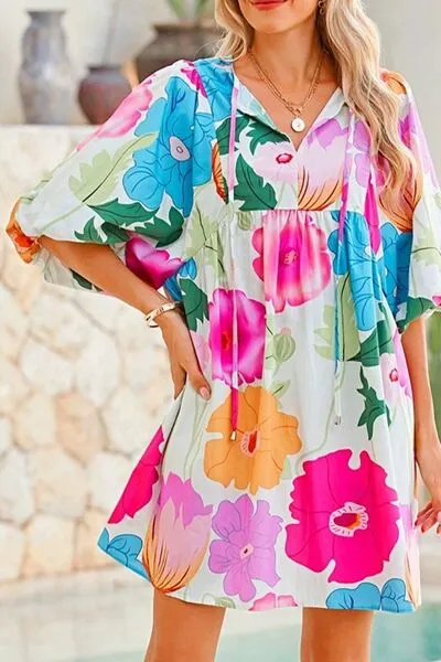 Floral Print Tie Neck Babydoll Dress