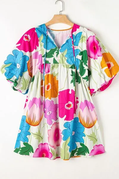 Floral Print Tie Neck Babydoll Dress