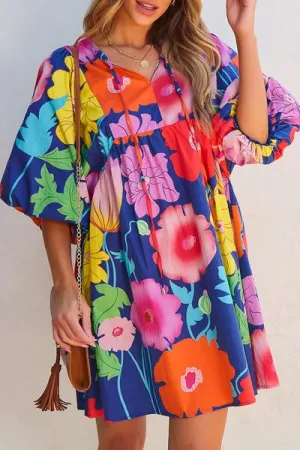 Floral Print Tie Neck Babydoll Dress