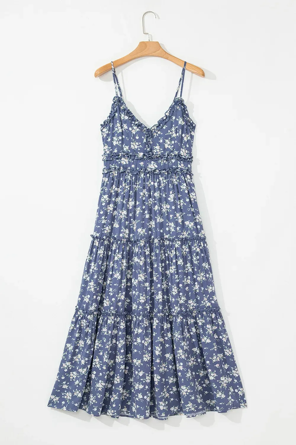 Floral Spaghetti Strap Frilled V Neck Tiered Midi Dress