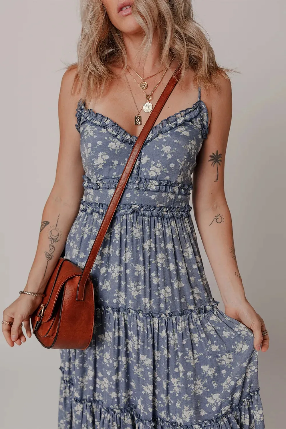Floral Spaghetti Strap Frilled V Neck Tiered Midi Dress