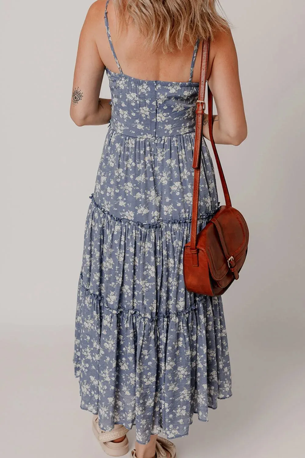 Floral Spaghetti Strap Frilled V Neck Tiered Midi Dress
