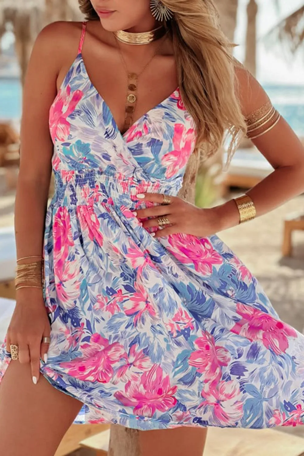 Floral Spaghetti Strap Surplice Neck Shirred Waist Mini Dress