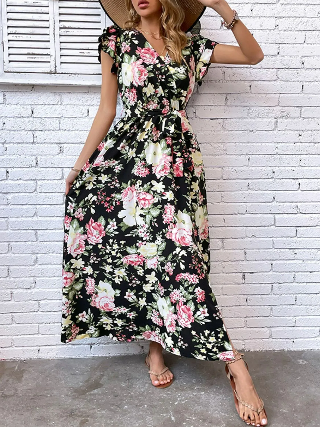 Floral Tie-Waist Split Dress