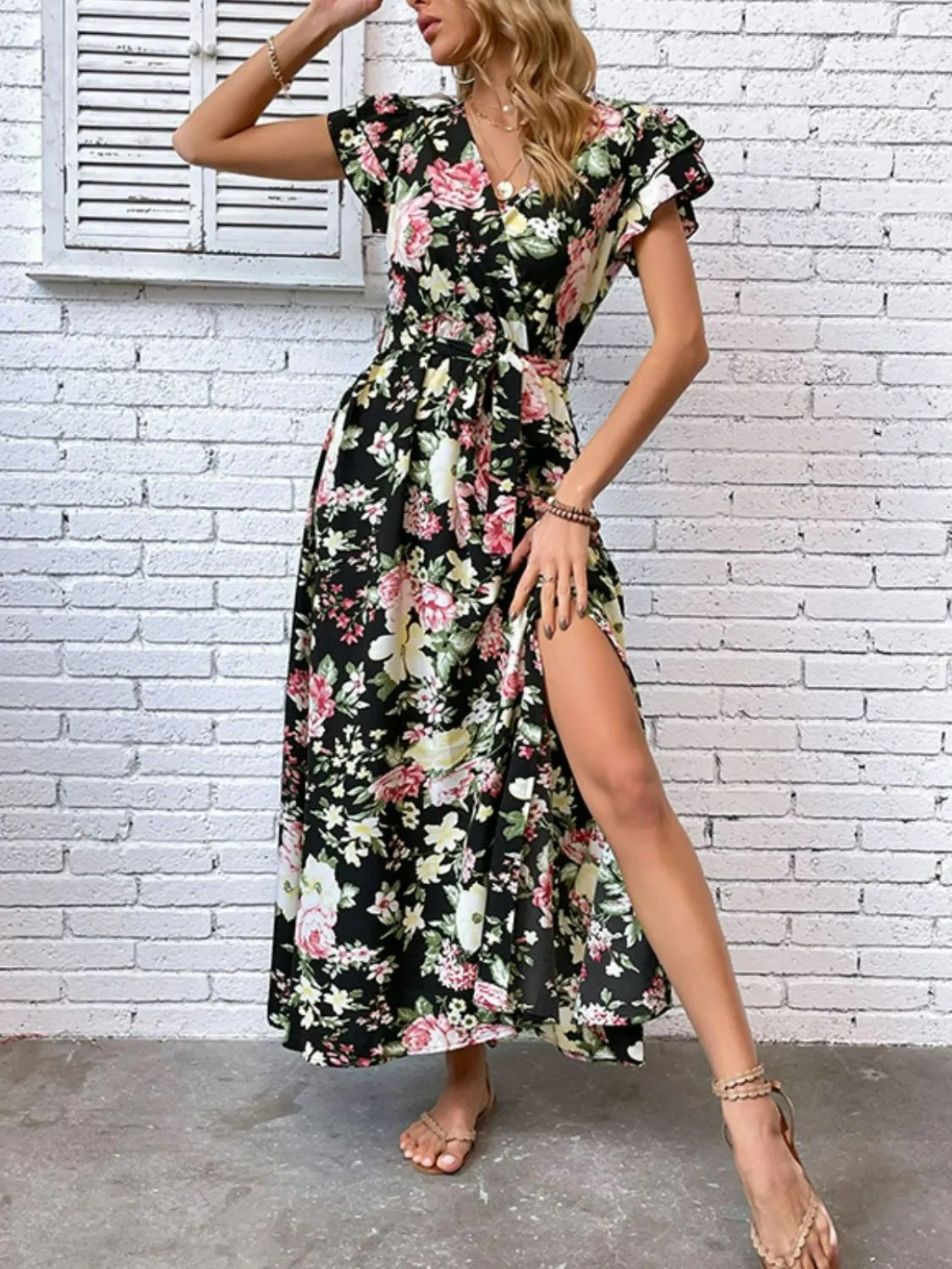 Floral Tie-Waist Split Dress