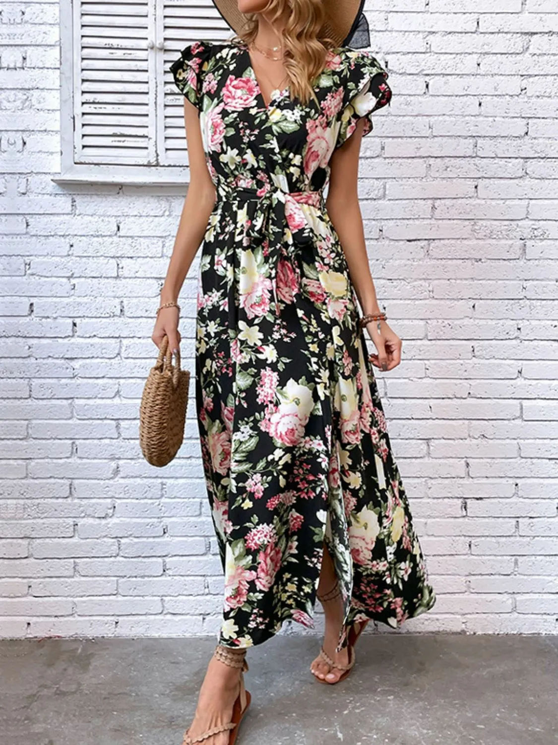 Floral Tie-Waist Split Dress