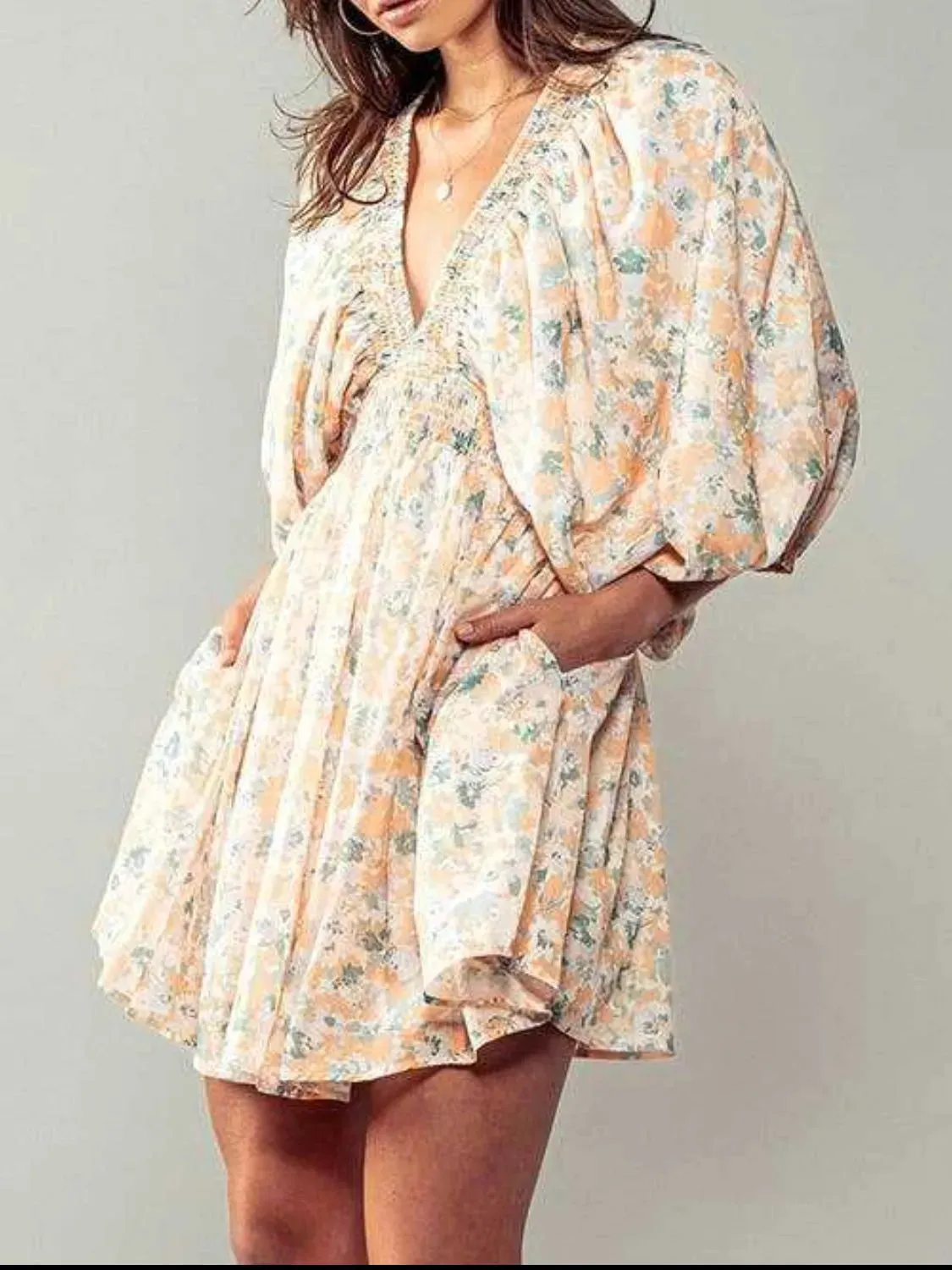 Floral V-Neck Balloon Sleeve Dress