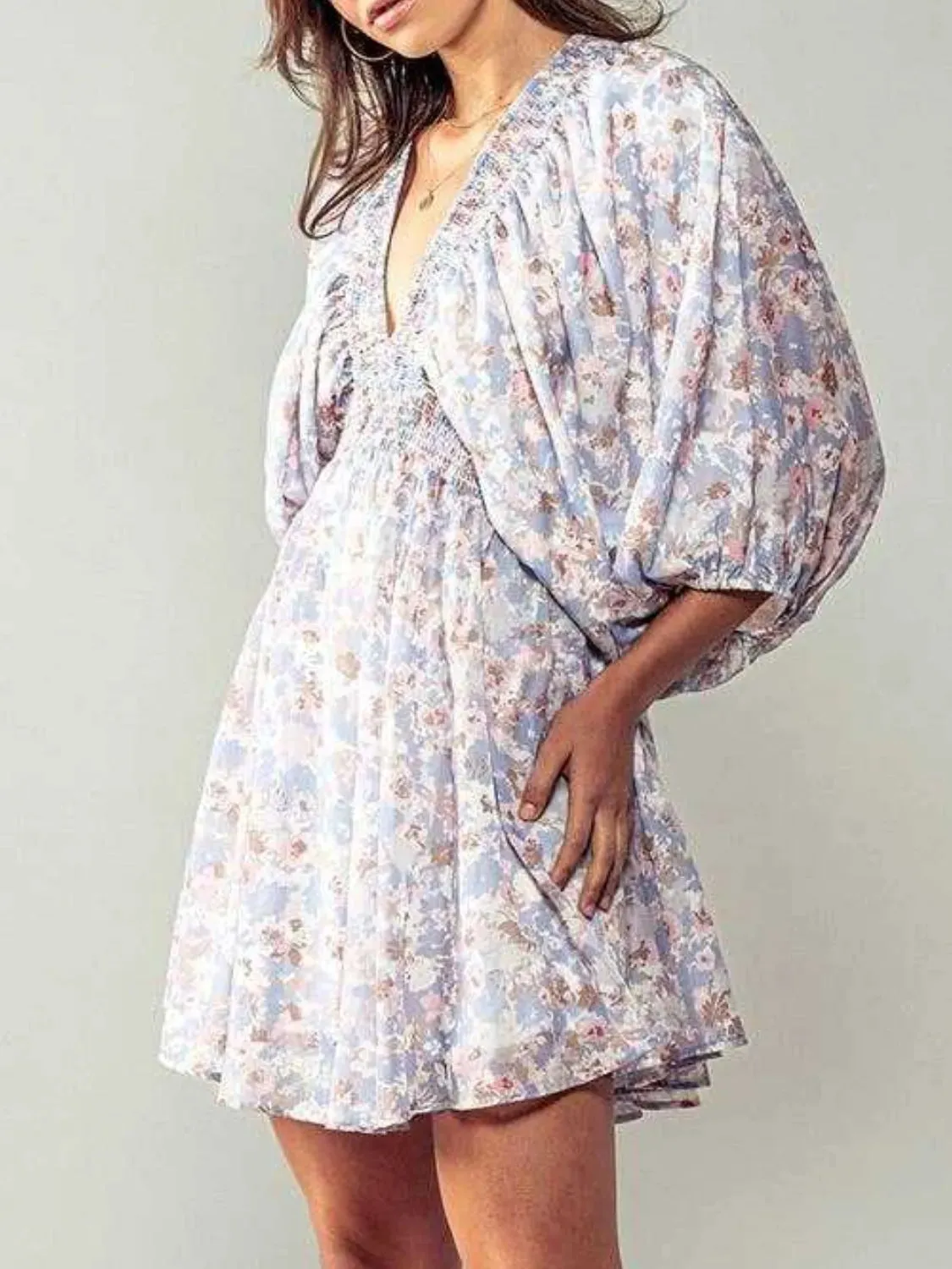 Floral V-Neck Balloon Sleeve Dress