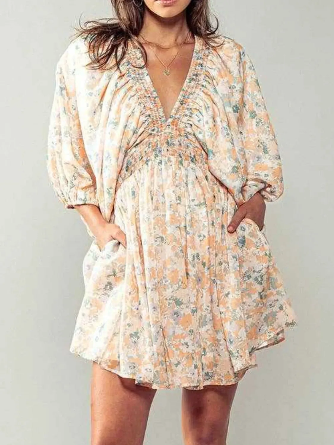 Floral V-Neck Balloon Sleeve Dress