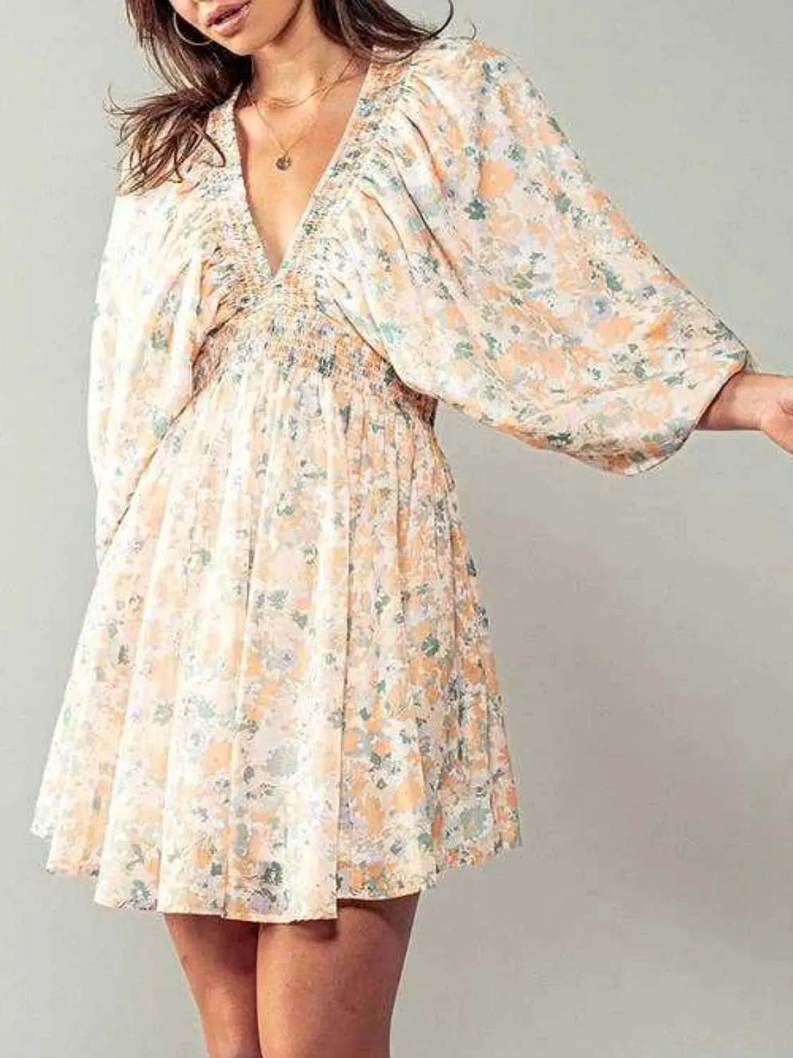 Floral V-Neck Balloon Sleeve Dress
