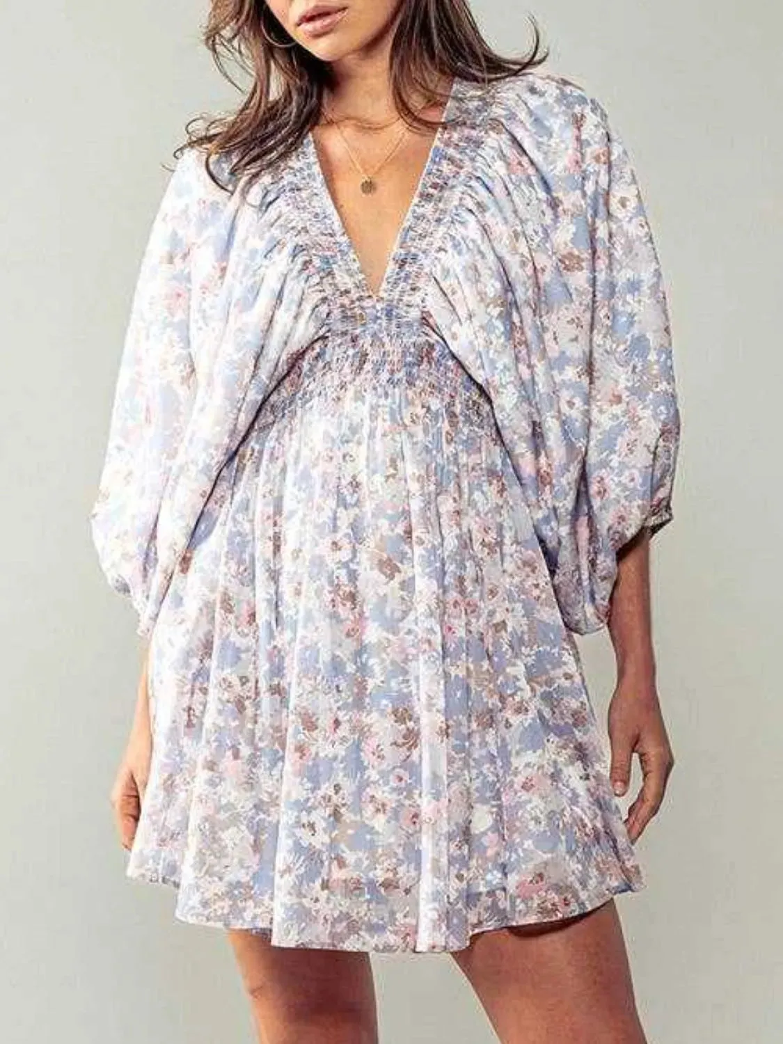 Floral V-Neck Balloon Sleeve Dress