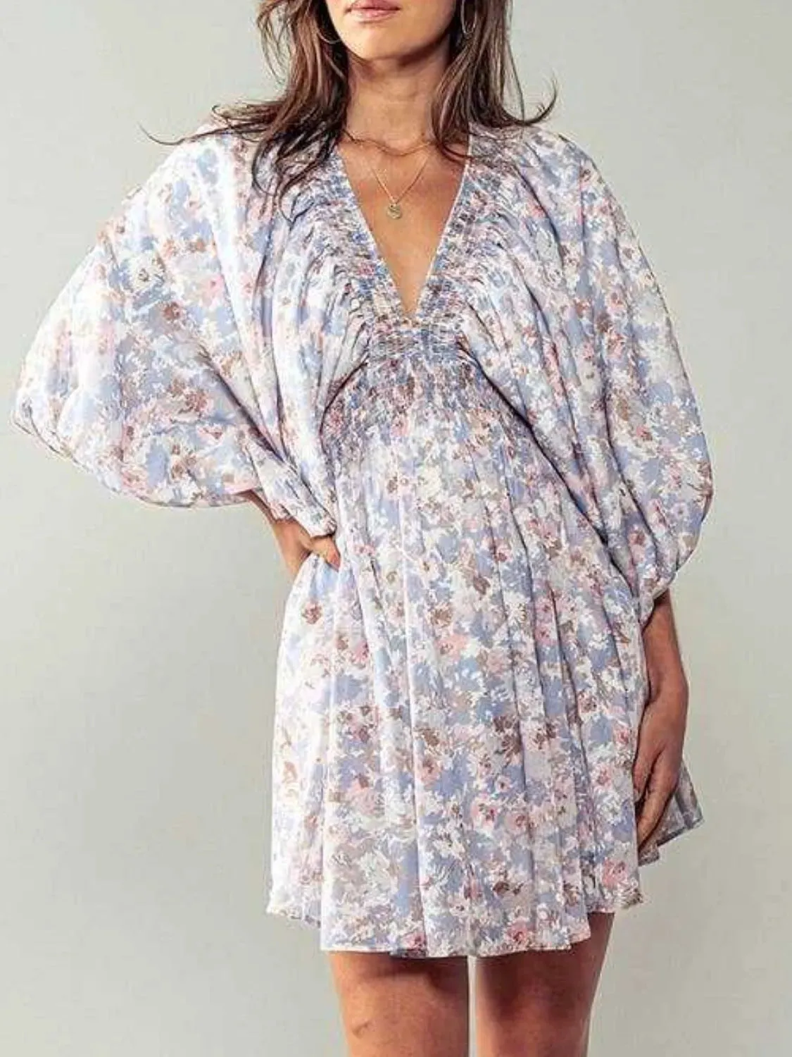 Floral V-Neck Balloon Sleeve Dress