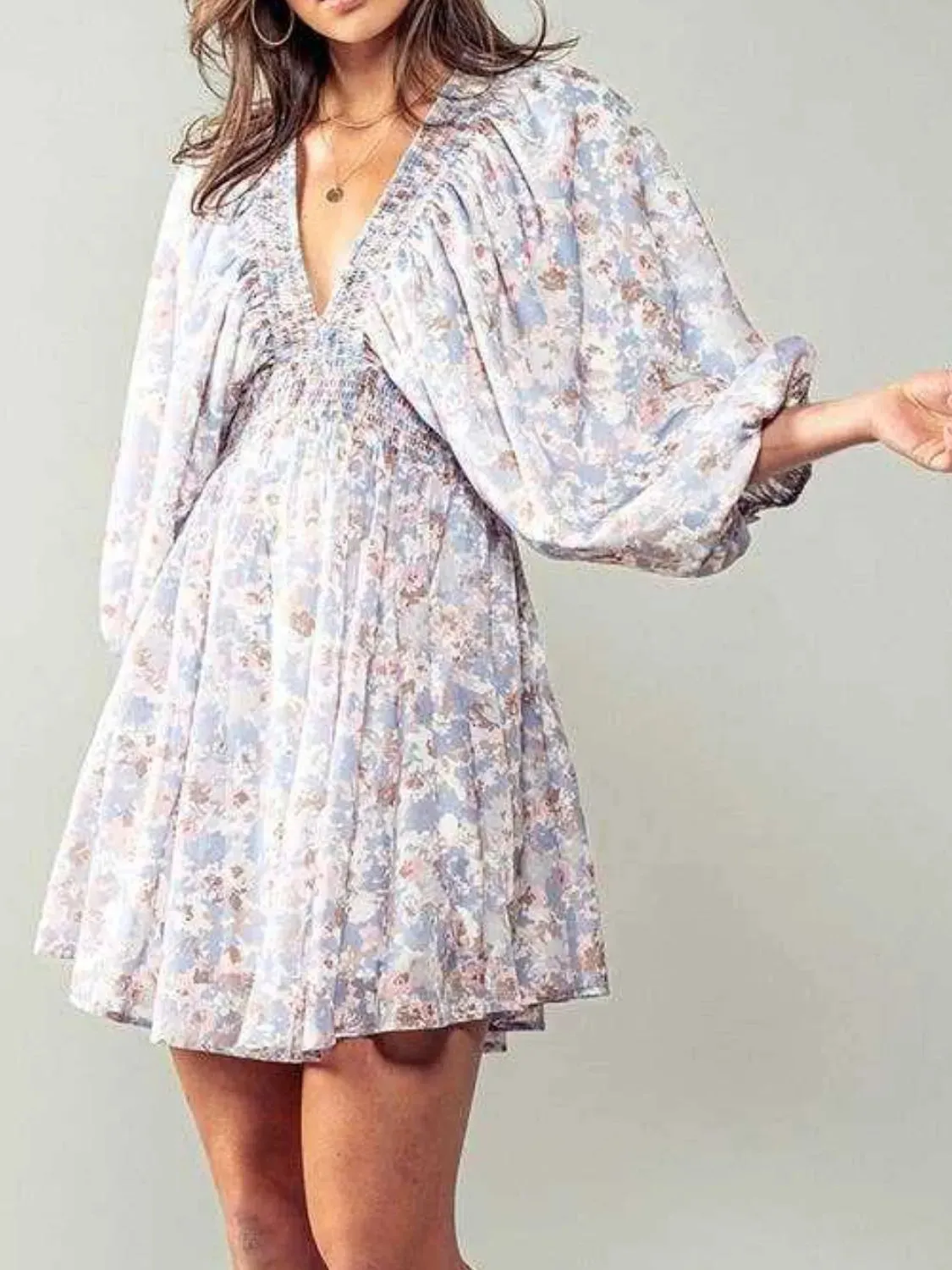 Floral V-Neck Balloon Sleeve Dress