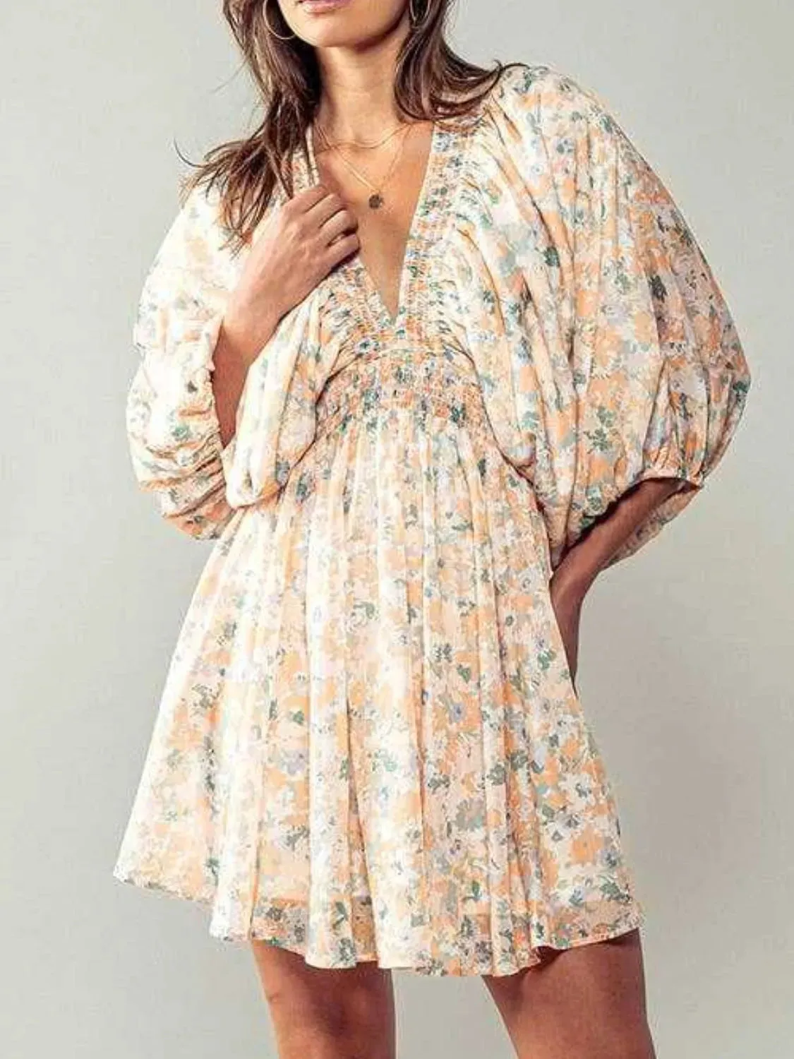Floral V-Neck Balloon Sleeve Dress