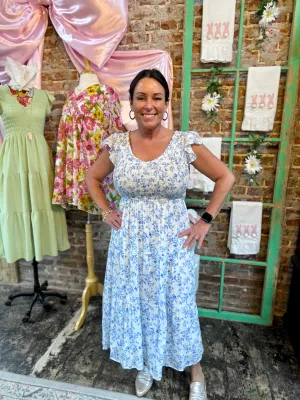 Floral V Neck Blue Dress