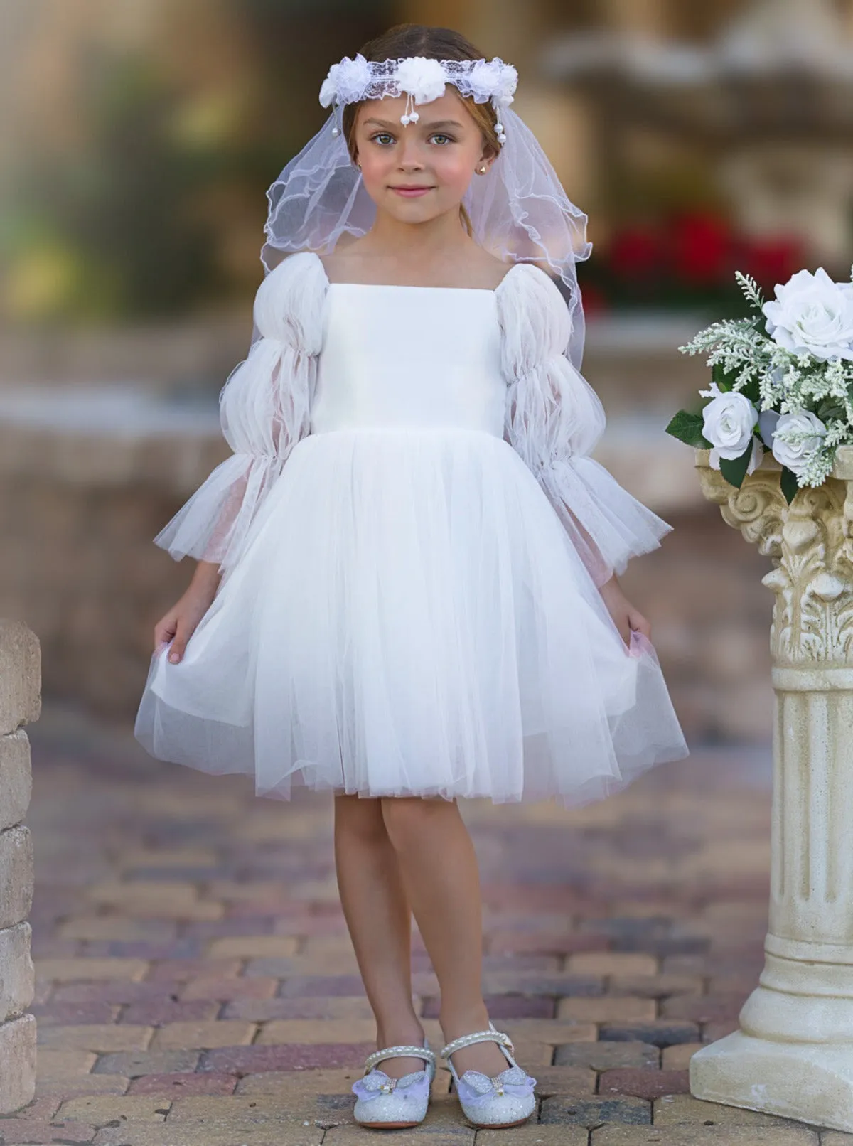 Fluff and Tulle Puff Sleeve Communion Dress