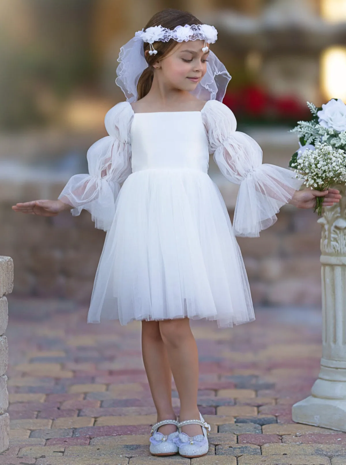 Fluff and Tulle Puff Sleeve Communion Dress