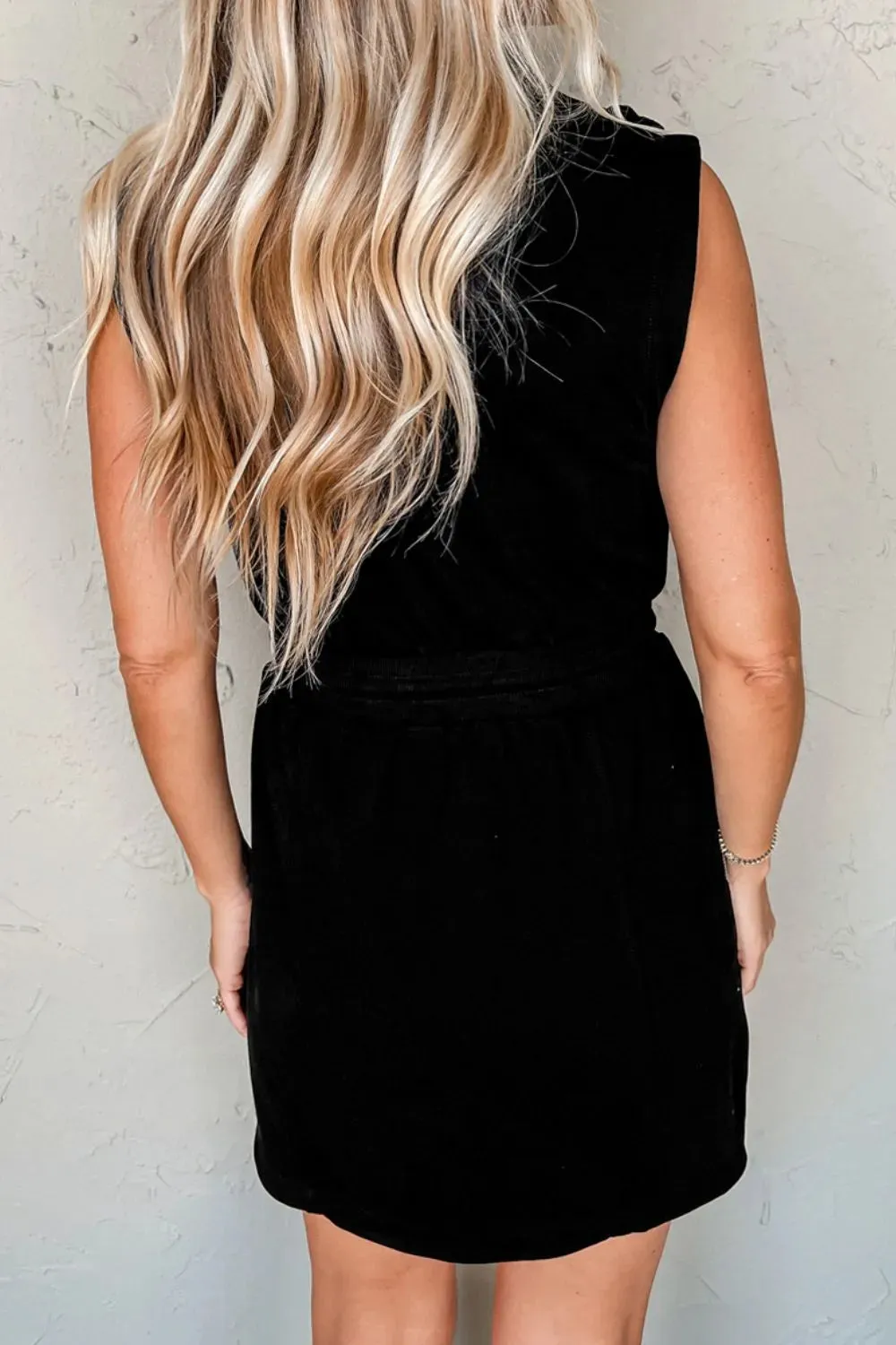 French Terry Zipped Collar Sleeveless Drawstring Waist Mini Dress