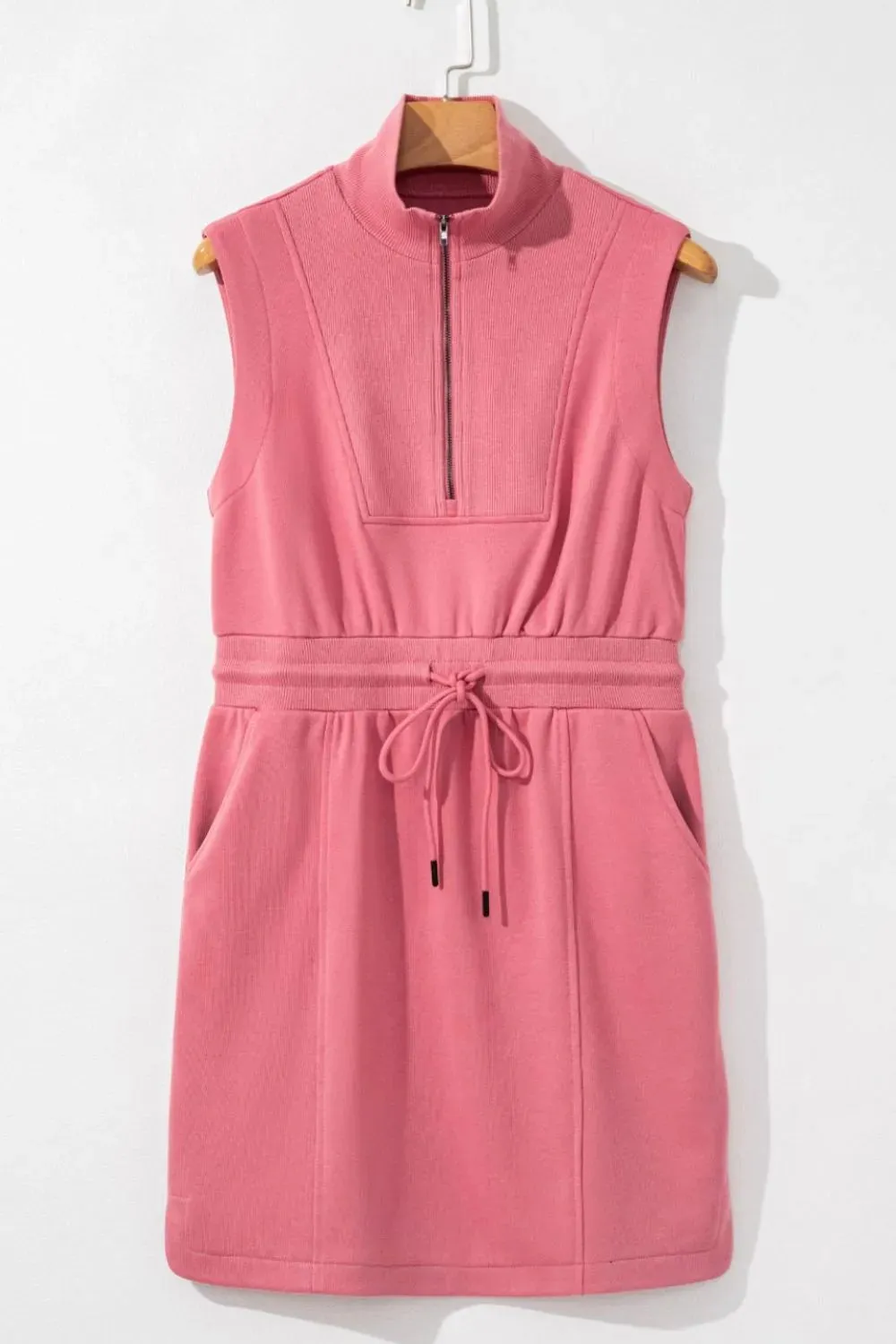French Terry Zipped Collar Sleeveless Drawstring Waist Mini Dress