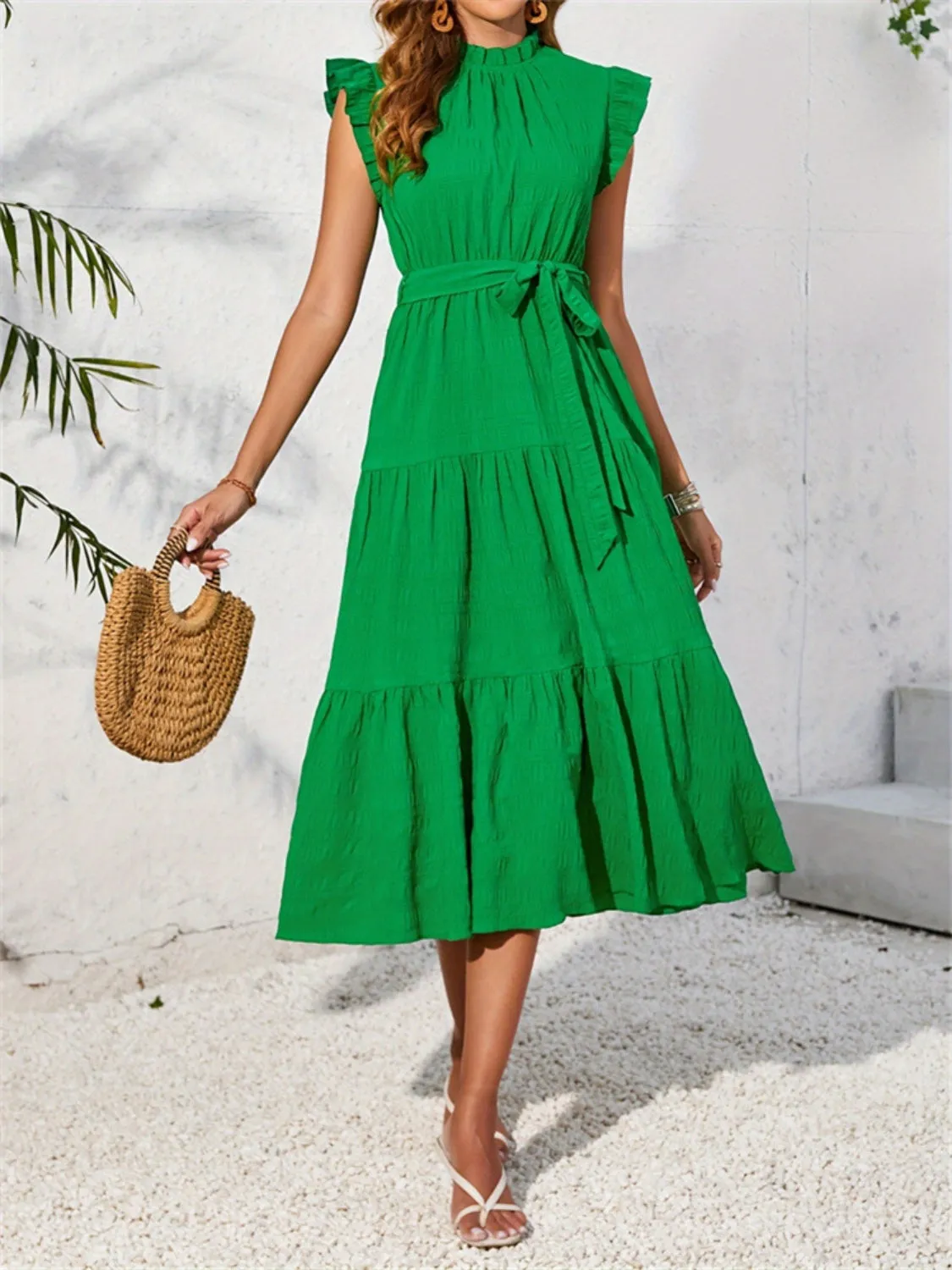 Frill Mock Neck Ruffled Cap Sleeve Midi Dress