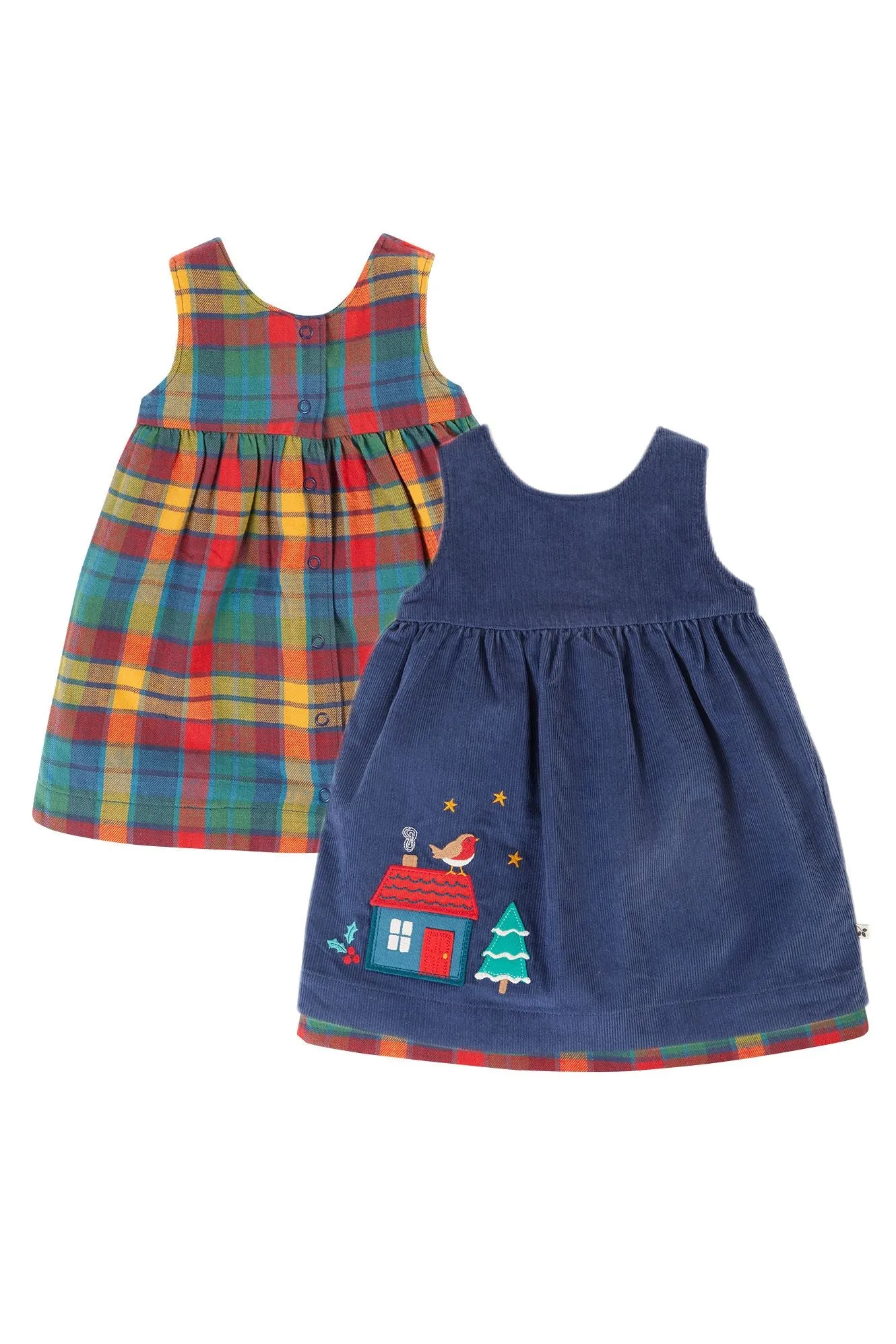 Frugi Inara Cord Reversible Infant Dress Navy Merry Check